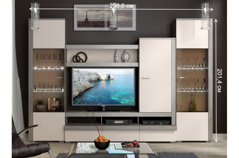 Стенка для гостиной Эйва (комплектация 1) фон бежевый / дуб верцаска Стенка для гостиной Эйва (комплектация 1) фон бежевый / дуб верцаска