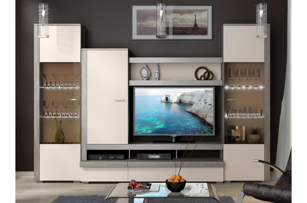 Стенка для гостиной Эйва (комплектация 1) фон бежевый / дуб верцаска Стенка для гостиной Эйва (комплектация 1) фон бежевый / дуб верцаска