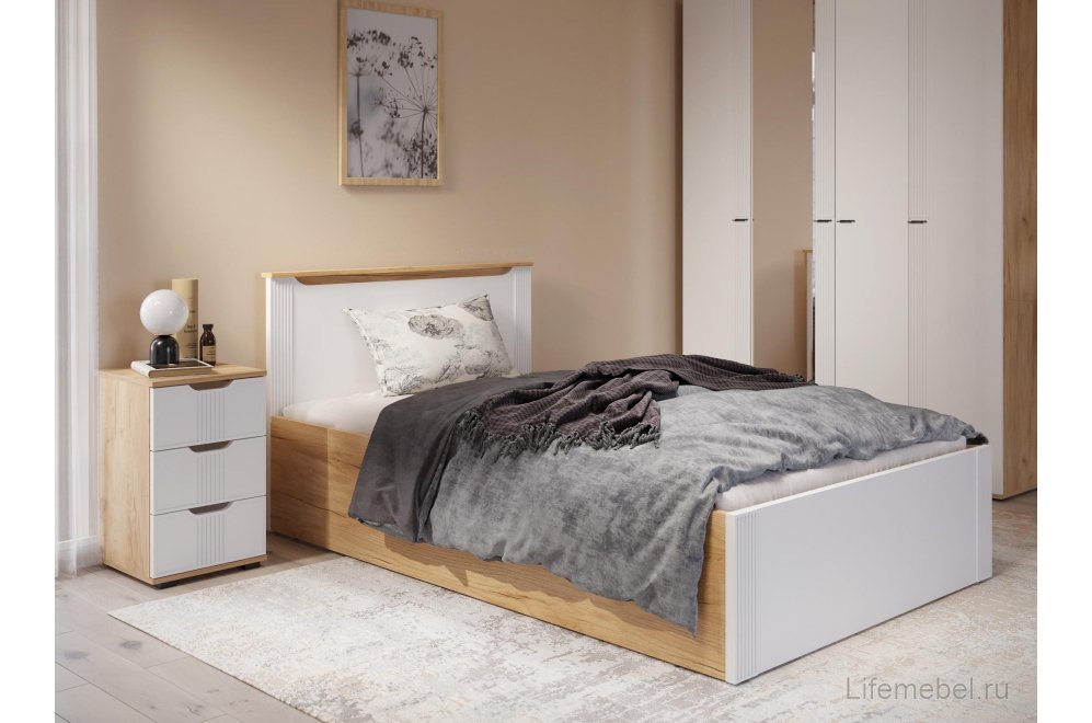 Полутораспальная кровать Эмилия ЭЛ-32 120х200 с ПМ дуб крафт золотой / меренга Полутораспальная кровать Эмилия ЭЛ-32 120х200 с ПМ дуб крафт золотой / меренга