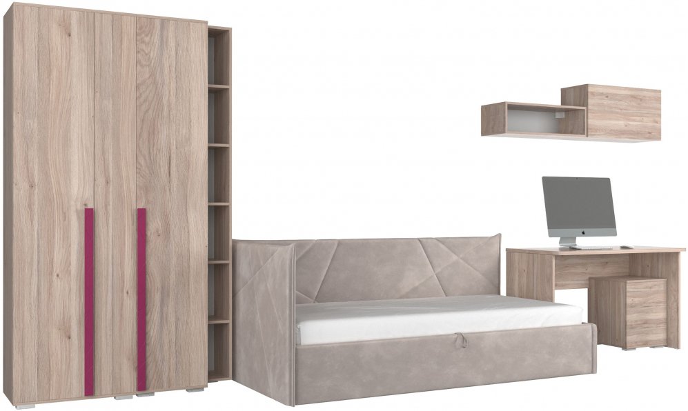 Комплект детской мебели Лайк К113 дуб мария / фуксия / велюр капучино