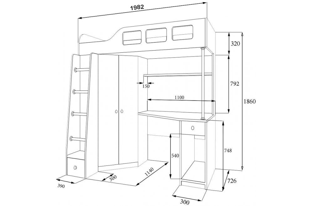 Кровать-чердак Астра 7 дуб молочный / венге