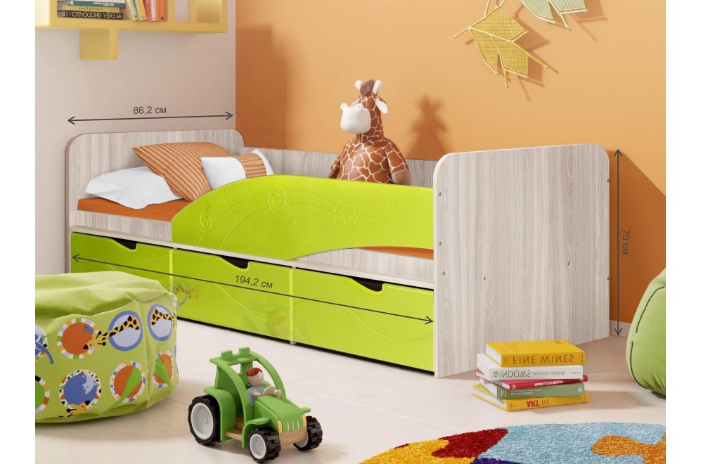 Односпальная кровать Бриз 3 левая волна лайм / ясень светлый