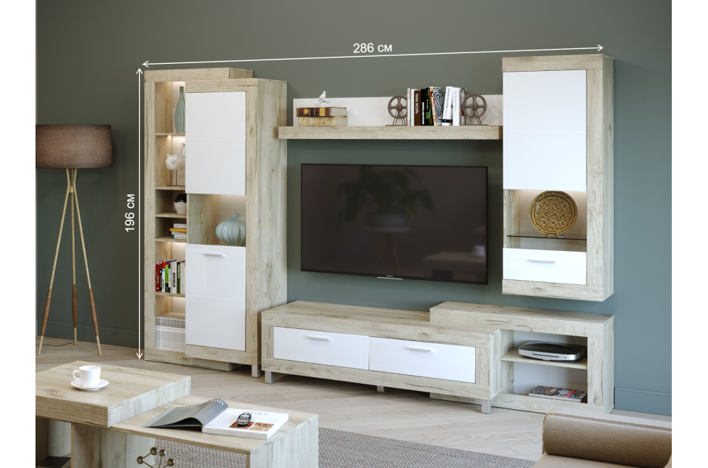 Модульная гостиная Литиум дуб серый крафт / белый глянец комплектация 1