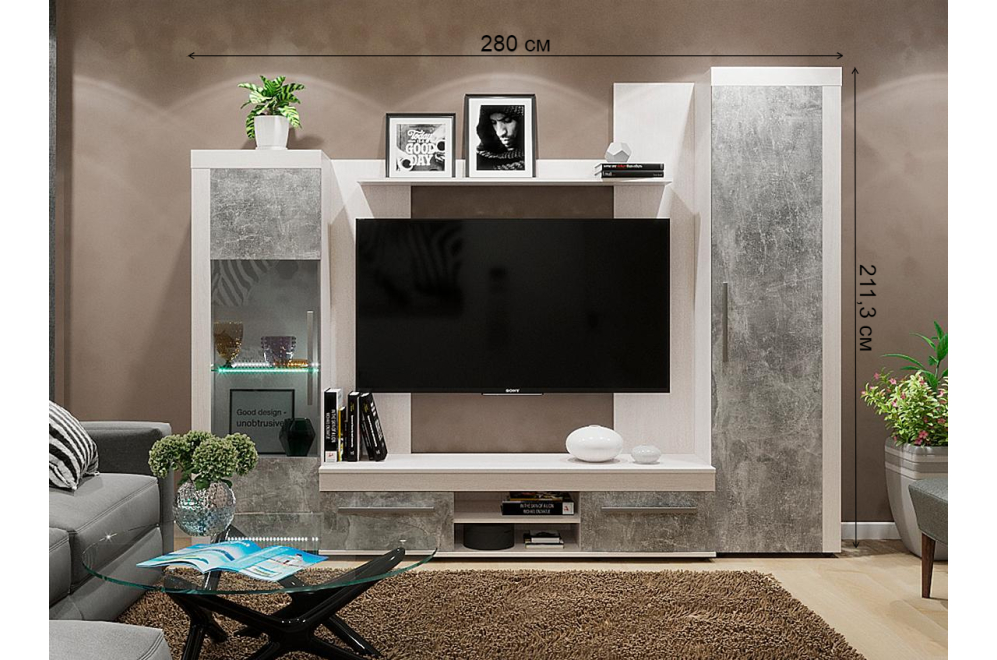 Модульная гостиная Леон (комплектация 1) ясень анкор светлый / ателье светлый