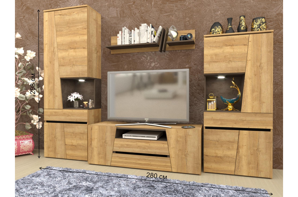 Модульная гостиная Стреза дуб галифакс натуральный / бетон чикаго темно-серый