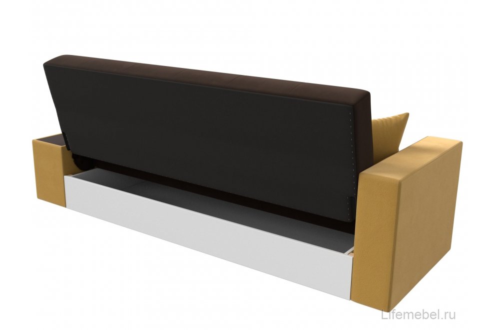 Диван Лига-020 микровельвет сиденье и спинка микровельвет коричневый / подлокотники и царга микровельвет желтый / декоративная подушка микровельвет желтый