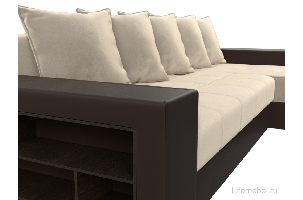 Диван угловой Шервуд микровельвет бежевый / экокожа коричневый правый