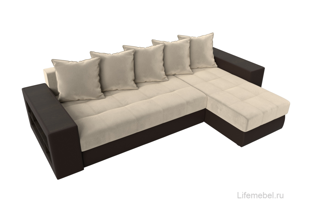Диван угловой Шервуд микровельвет бежевый / экокожа коричневый правый