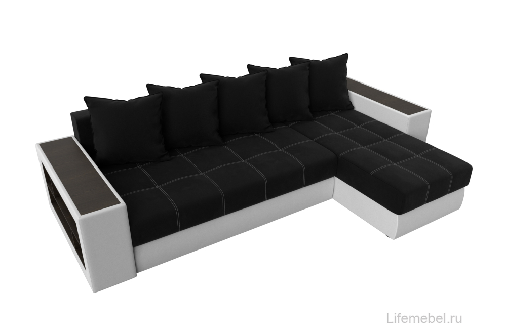Диван угловой Шервуд микровельвет черный / экокожа белая правый