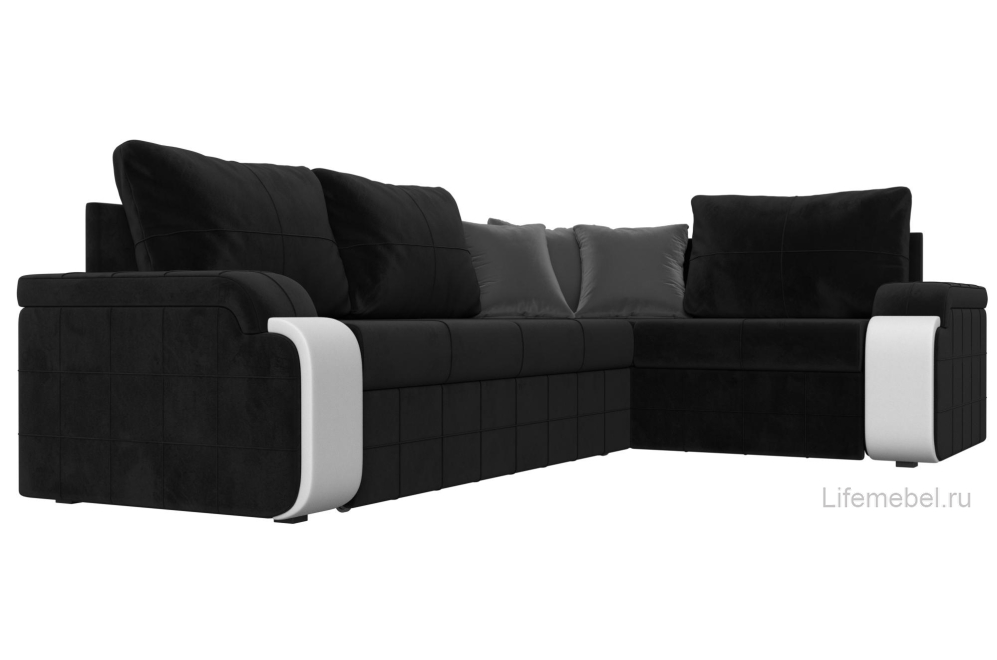 Диван угловой Женева правый черный велюр / белая экокожа