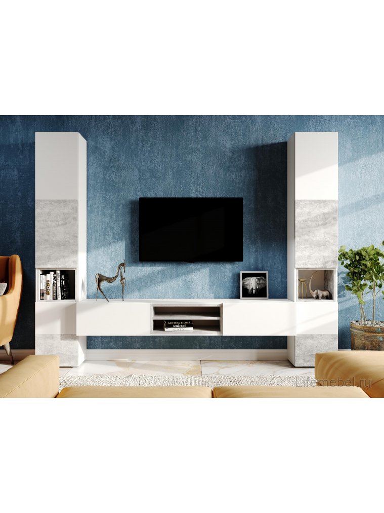 Стеллаж Лонгфорд белый / бетон светлый