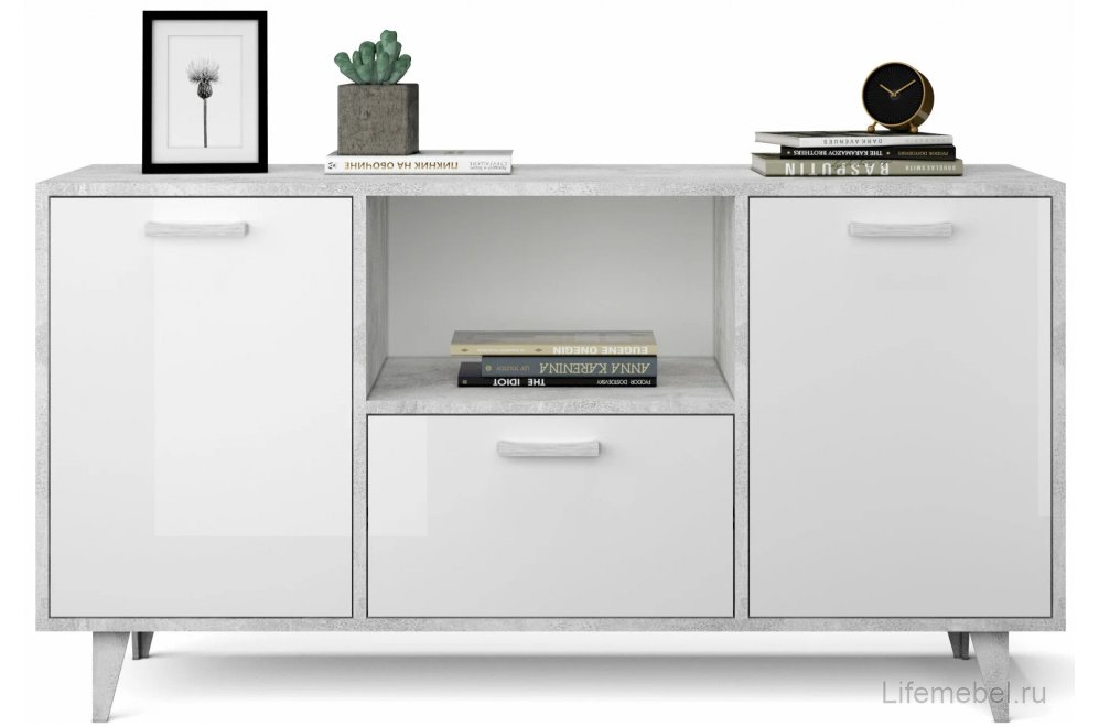 ТВ-тумба Эго Т-2 на ножках бетон светлый / белый глянец