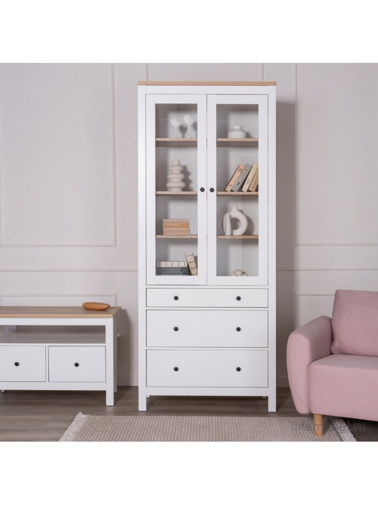 Витрина Сага 90 белый / ясень