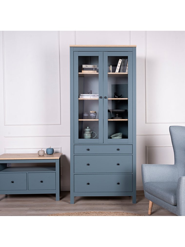 Витрина Сага 90 бирюзовый / ясень