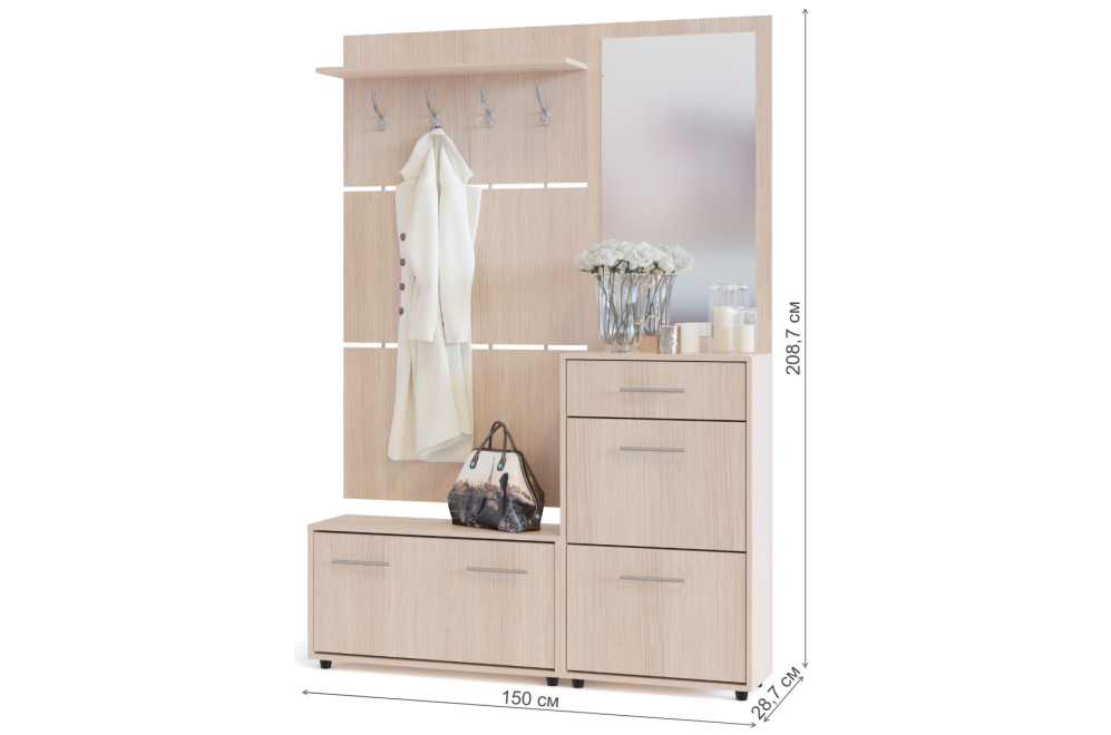 Модульная прихожая ВШ-3.1 + ТП-3 + ТП-2 + ПЗ-3 беленый дуб комплектация 2