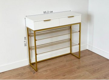 Тумба для обуви Классная 1 белое дерево / белый матовый / золото