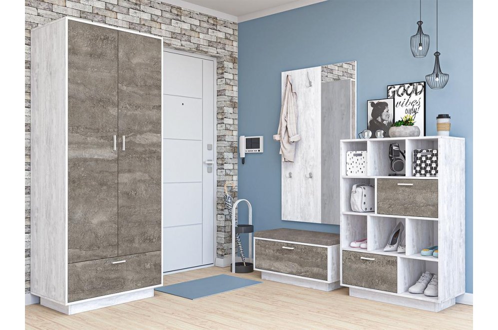 Обувница Эго Об-1 на подиуме бетон светлый / камень темный / серая стальная ткань