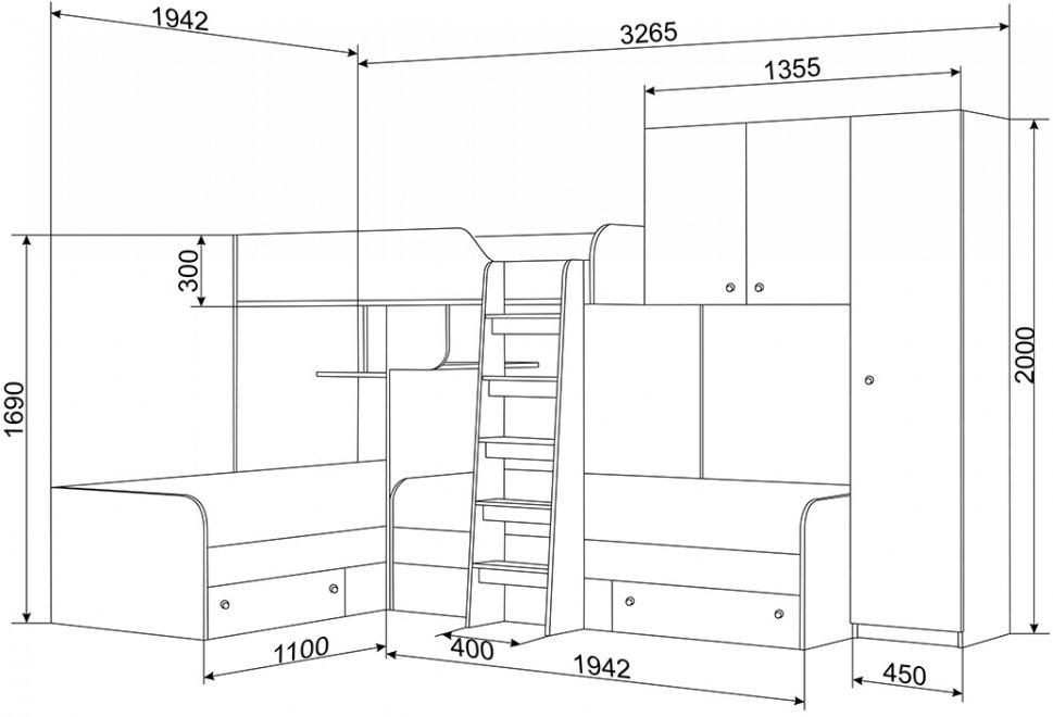 Двухъярусная кровать Трио 2 дуб молочный / дуб сонома