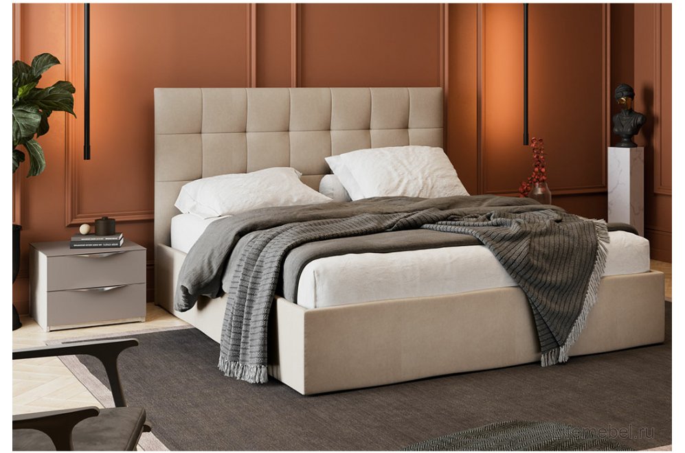Двуспальная кровать Эмбер Тип 1 160х200 с ПМ велюр мокко светлый