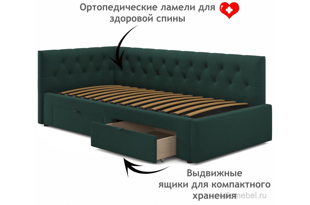 Тахта Ариэтта 90x200 с ортопедическим основанием и ящиками изумруд