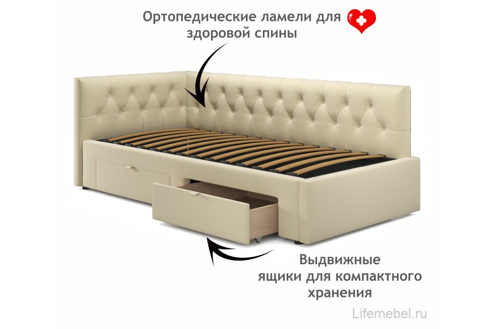 Тахта Ариэтта 90x200 с ортопедическим основанием и ящиками бежевая