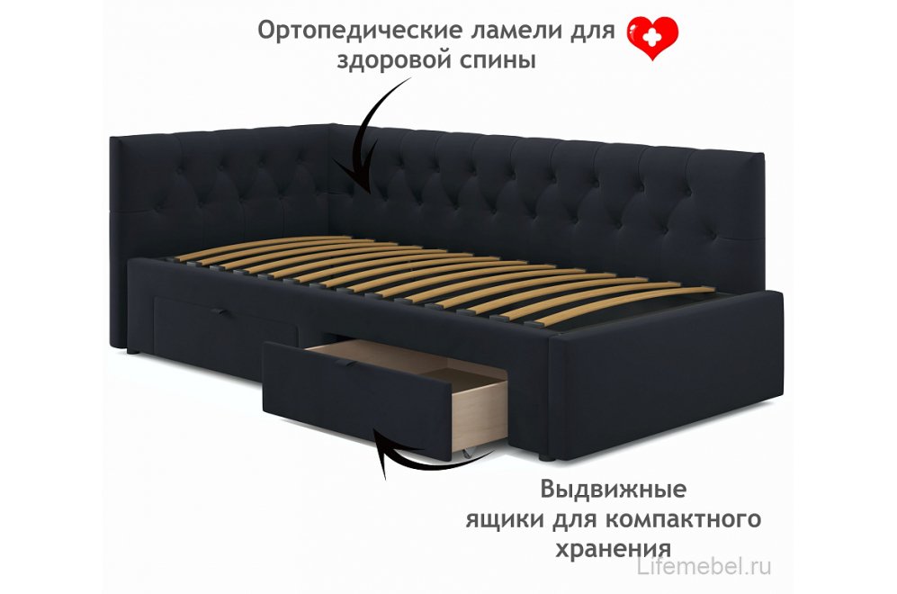 Тахта Ариэтта 90x200 с ортопедическим основанием и ящиками черная