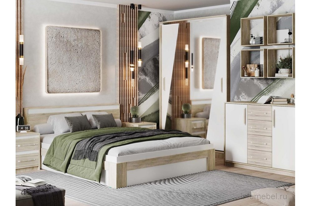 Полутораспальная кровать Вавилон 140х200 с ПМ дуб сонома / белый жемчуг