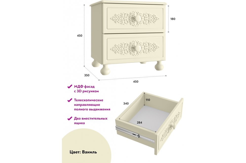 Прикроватная тумба Ассоль плюс АС-4 ваниль