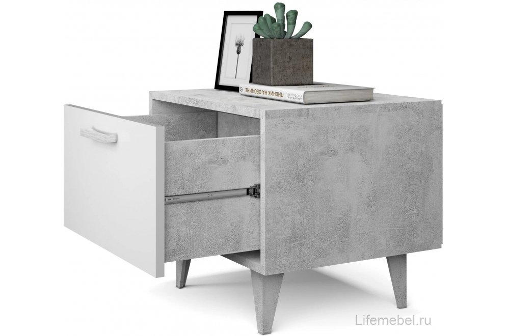 Прикроватная тумба Эго Т-5 на ножках бетон светлый / белый глянец