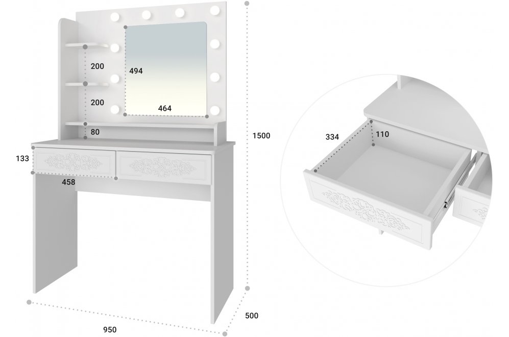 Туалетный столик Ассоль Лайт ТСН-5 белое дерево с зеркалом