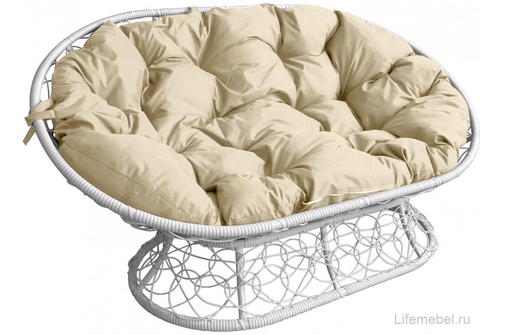 Комплект для отдыха из ротанга Мамасан Папасан белый / бежевая подушка