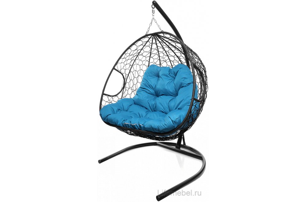 Подвесное кресло Для двоих черный / голубая подушка