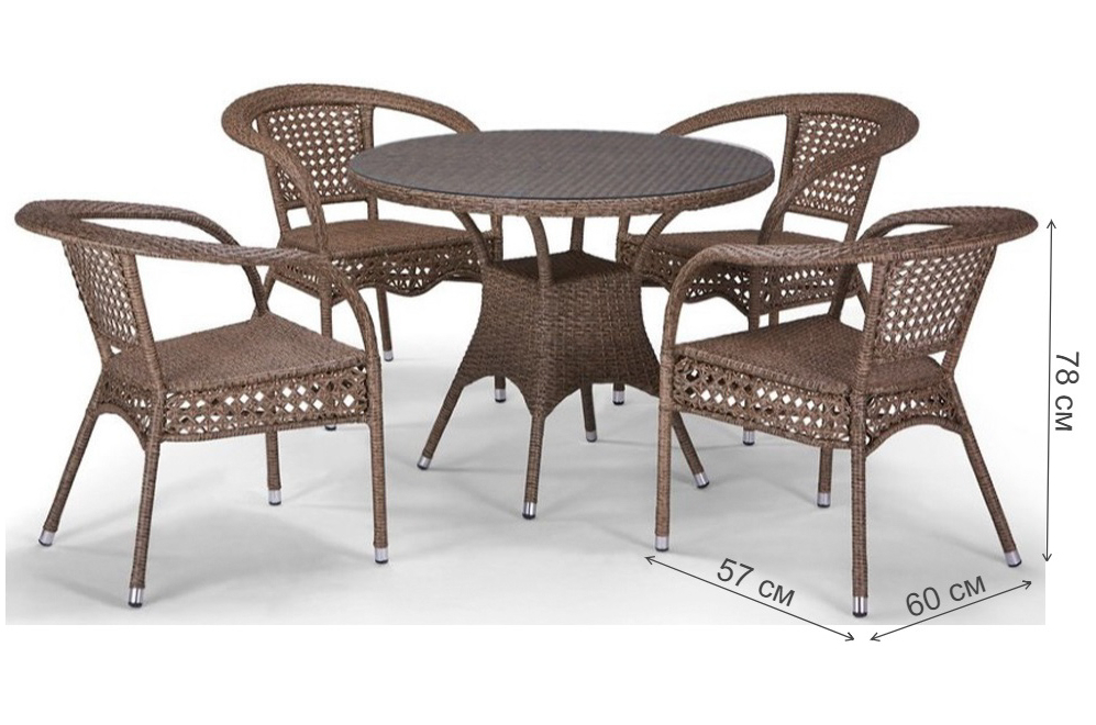 Обеденный комплект из ротанга 4+1 T220CT/Y32-W56 Light Brown 4Pcs