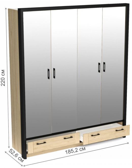 Шкаф Бостон четырехдверный с зеркалами и обкладкой гикори джексон 