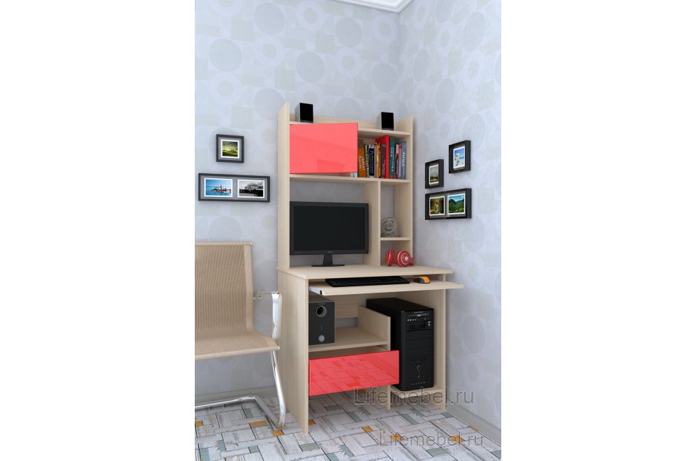 Компьютерный стол Мебелеф - 9 дуб молочный / красный глянец левый