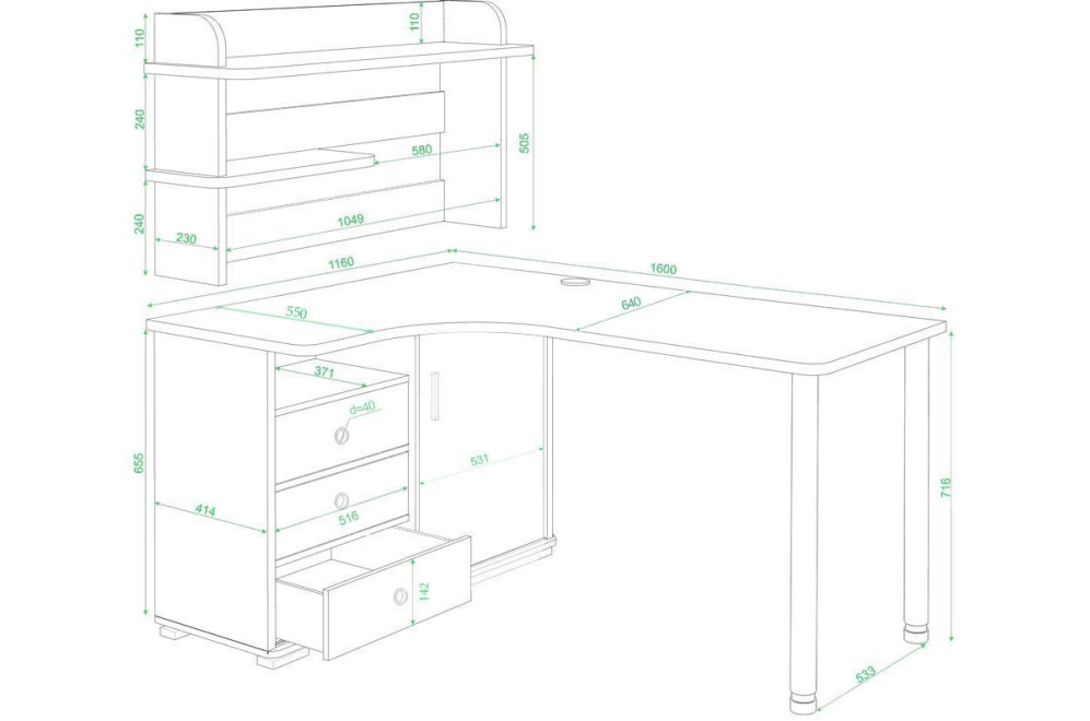 Письменный стол Жаспера-165М НОВ левый шамони-ч