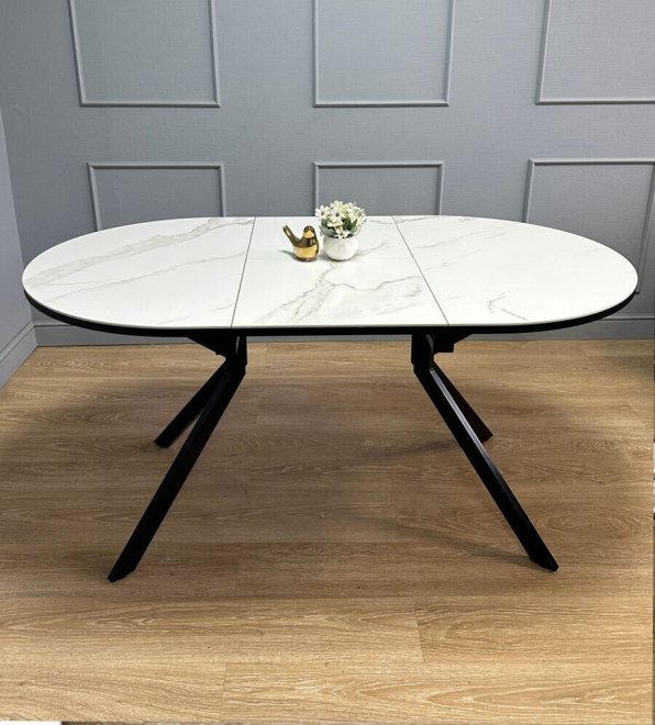 Керамический стол Avilon 110-155х90х76 круглый раскладной белый мрамор / черный