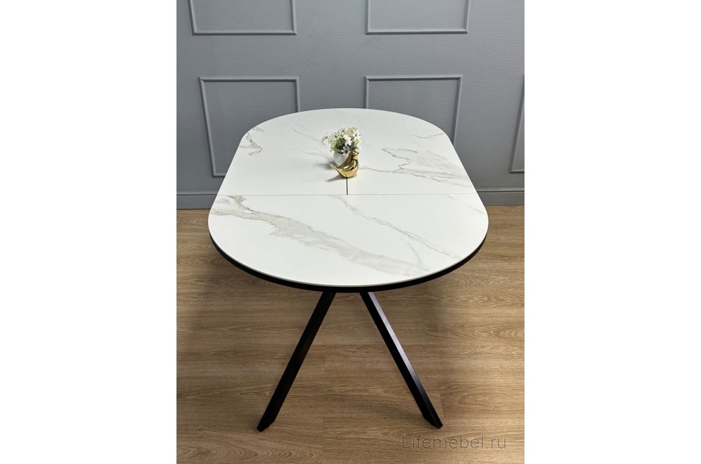 Керамический стол Avilon 110-155х90х76 круглый раскладной белый мрамор / черный