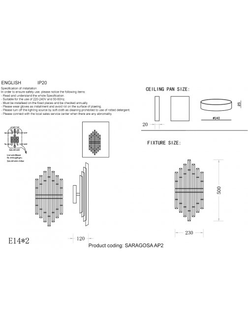 Бра SARAGOSA AP2 BRASS/TRANSPARENTE