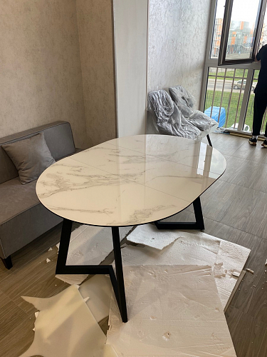 Стеклянный стол Алингсос 100(140)х100х76 белый / белая шагрень фото покупателя 8