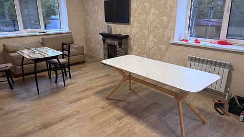 Стеклянный стол Абилин 100(140)х100х76 мрамор черный / черный матовый фото покупателя 55