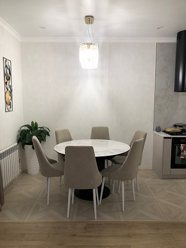 Стеклянный стол Фостер 120(160)х120х76 серый мрамор / черный фото покупателя 82