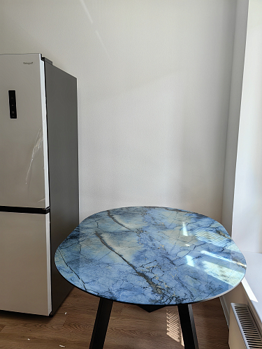 Стеклянный стол Алингсос 100(140)х100х76 мрамор серый / черная шагрень фото покупателя 10