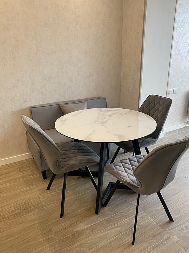 Стеклянный стол Алингсос 100(140)х100х76 мрамор серый / черная шагрень фото покупателя 5